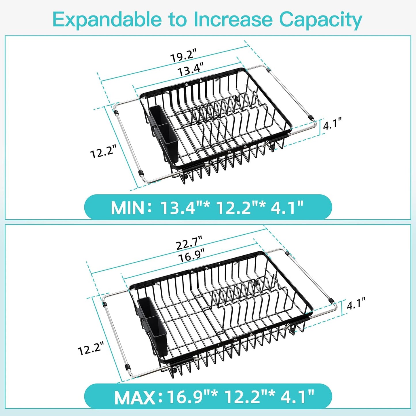 JASIWAY Dish Drying Rack in Sink, Expandable Stainless Steel Dish Drainers for Kitchen Counter, Dish Dryer Rack for Inside Sink, Over The Sink Dish Racks with Utensil Holder, Silver