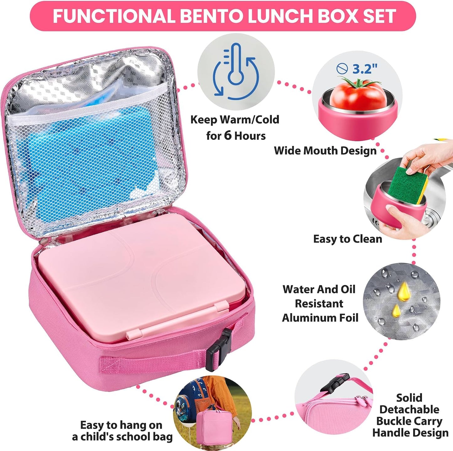Bento Lunch Box with 8oz Soup Thermo,Kids Leakproof 4 Compartment Lunch Food Containers with Sauce Cup and Ice Pack,Kids Thermo Insulated Hot Food Jar and Lunch Bag for School,Trvael-Black