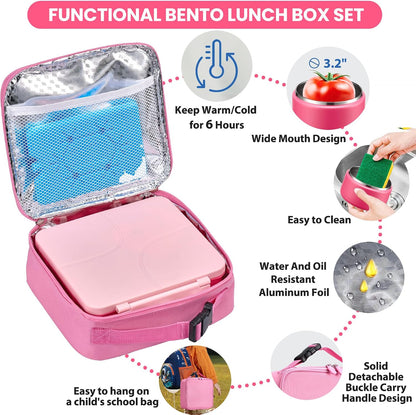 Bento Lunch Box with 8oz Soup Thermo,Kids Leakproof 4 Compartment Lunch Food Containers with Sauce Cup and Ice Pack,Kids Thermo Insulated Hot Food Jar and Lunch Bag for School,Trvael-Black
