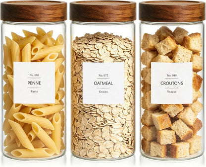 KEYWING 88oz Large Glass Jars with Airtight Acacia Wood Lids, Set of 3 Food Storage Containers for Flour, Sugar, Rice, Pasta, Cereal, Cookies – Includes 126 Labels