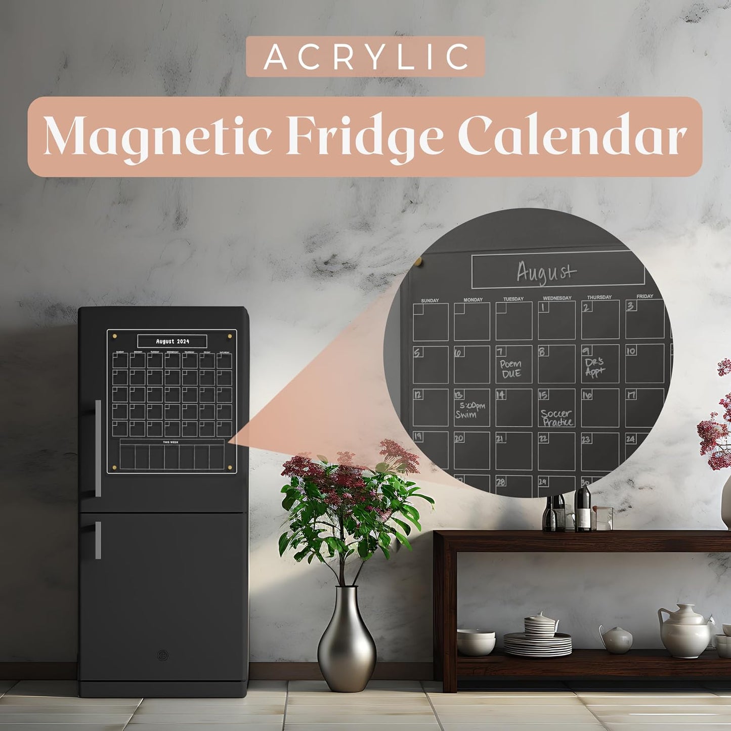 Acrylic Magnetic Calendar for Refrigerator - Clear Dry Erase for Fridge | with Monthly Grid and Weekly Planner Section | 15’’x17’’ Vertical Magnetic Fridge Calendar 2025 | with Gold Magnets
