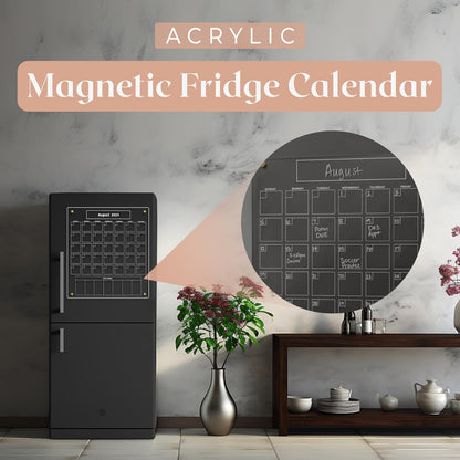 Acrylic Magnetic Calendar for Refrigerator - Clear Dry Erase for Fridge | with Monthly Grid and Weekly Planner Section | 15’’x17’’ Vertical Magnetic Fridge Calendar 2025 | with Gold Magnets
