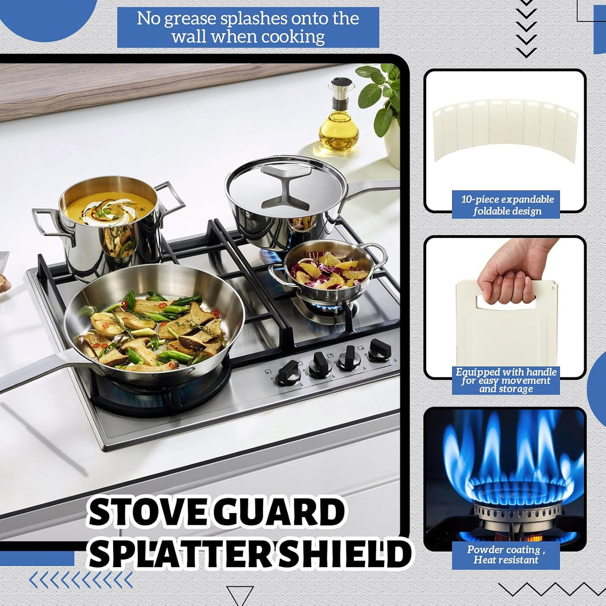 Geelin 10 Sided Oil Splatter Guard 5.7''x15.7'' Protection Splatter Shield for Stove for Kitchen Frying, Heat Resistant, Easy Clean, Adjustable Panels for Ultimate Protection