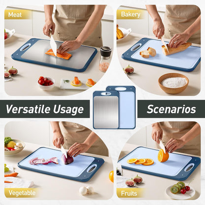 2 Packs Stainless Steel Cutting Board Set, Best Non Toxic Cutting Boards for Kitchen, Double Sided Metal Chopping Board for Meat/Fruit/Vegetables, Food Grade Kitchen Set Gift, [16”×11”+18”×12” Inch]