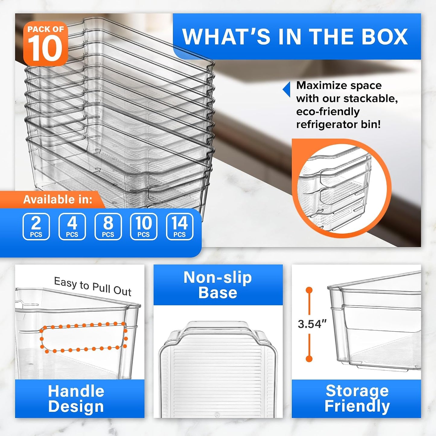 2-Piece Stackable Refrigerator Bin Organizer Set with Easy Grip Handles - Clear Multi-Purpose Storage Bins for Fridge and Pantry Use
