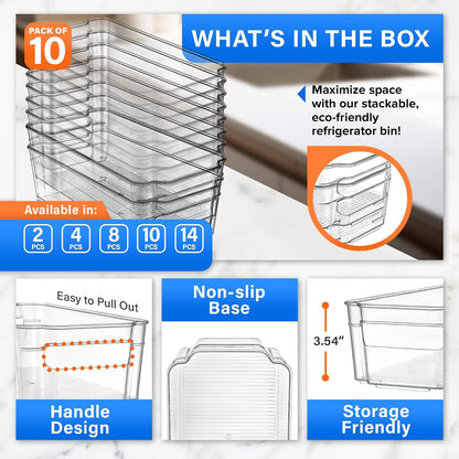 2-Piece Stackable Refrigerator Bin Organizer Set with Easy Grip Handles - Clear Multi-Purpose Storage Bins for Fridge and Pantry Use