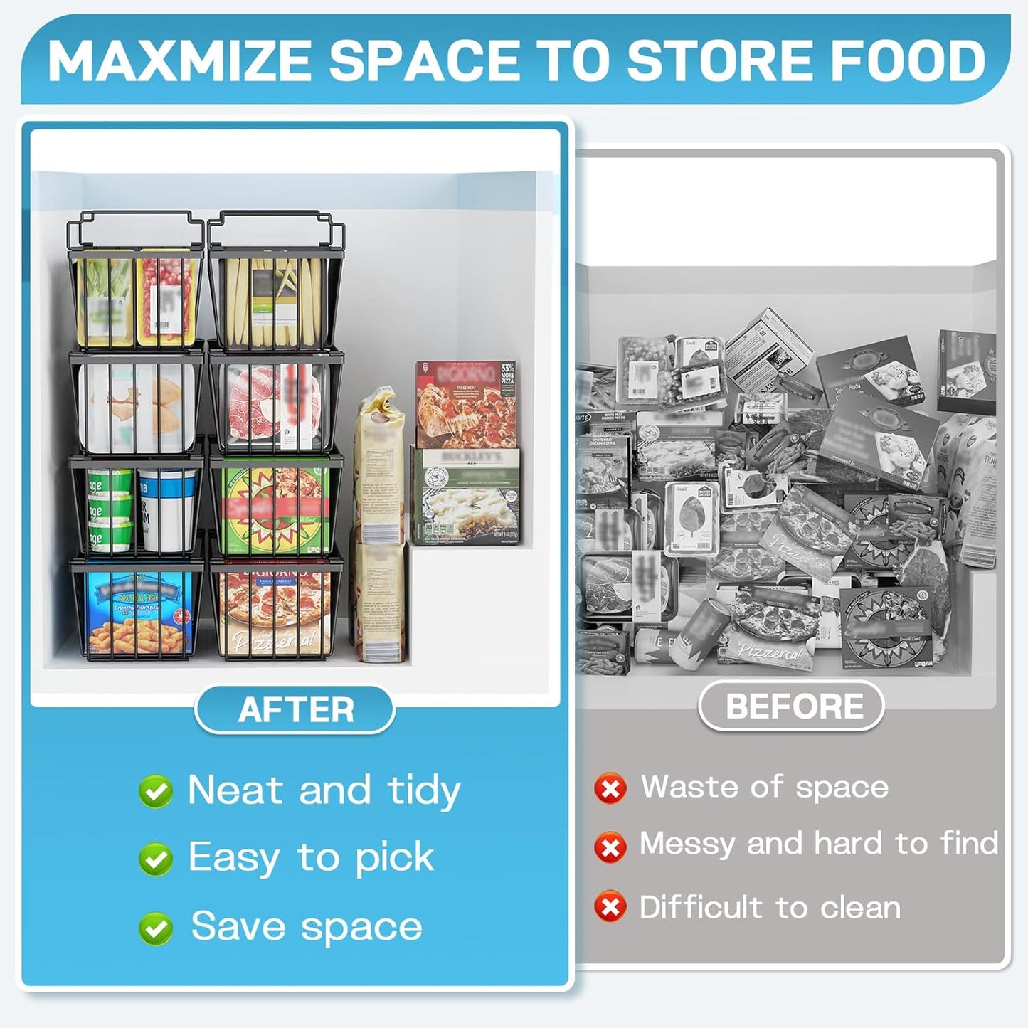 SUNALLY Freezer Organizer Bins, 4 Pack Chest Freezer Organizer Stackable for 5-7 Cu.FT Deep Freezer Sort Frozen Meats and Food, Freezer Storage Baskets with Handles Easy Reach from Bottom, White