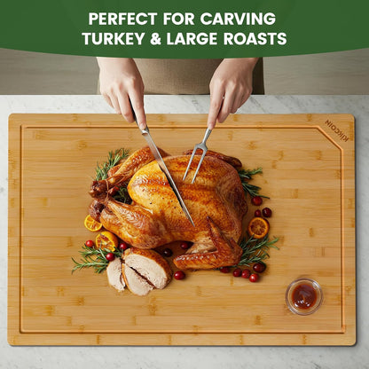 Kikcoin 17"×11" Bamboo Cutting Boards for Kitchen, Knife-Friendly Food Grade Wooden Cutting Boards for Kitchen, Charcuterie, Extra Large Chopping Boards with Deep Juice Groove, Reversible, Natural