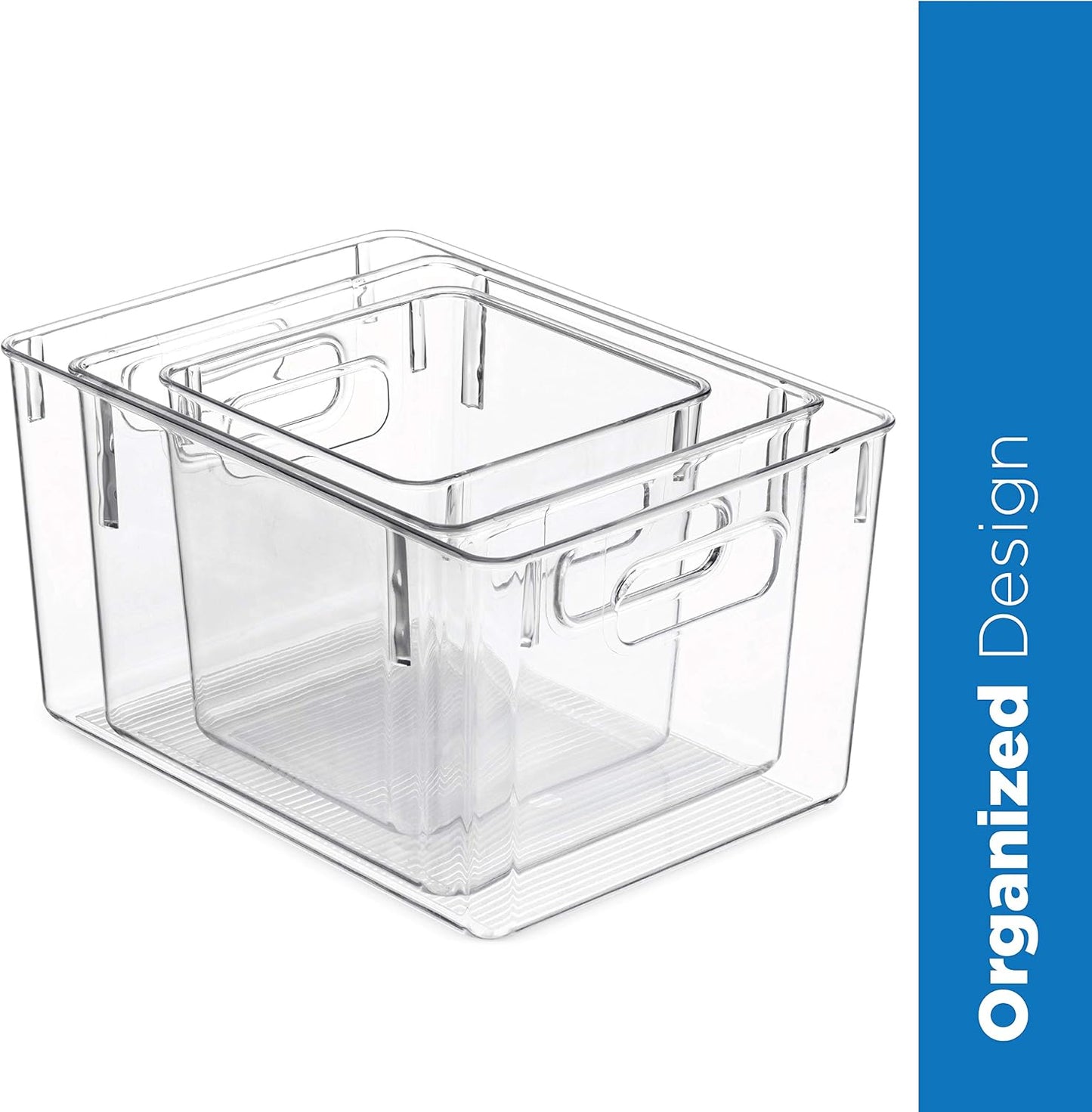 Seseno Set Of 6 Clear Pantry Organizer Bins Household Plastic Food Storage Basket with Cutout Handles for Kitchen, Countertops, Cabinets, Refrigerator, Freezer, Bedrooms, Bathrooms