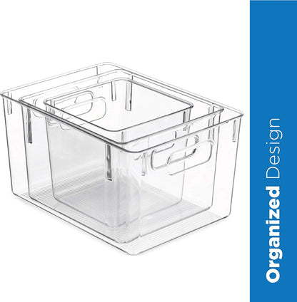 Seseno Set Of 6 Clear Pantry Organizer Bins Household Plastic Food Storage Basket with Cutout Handles for Kitchen, Countertops, Cabinets, Refrigerator, Freezer, Bedrooms, Bathrooms