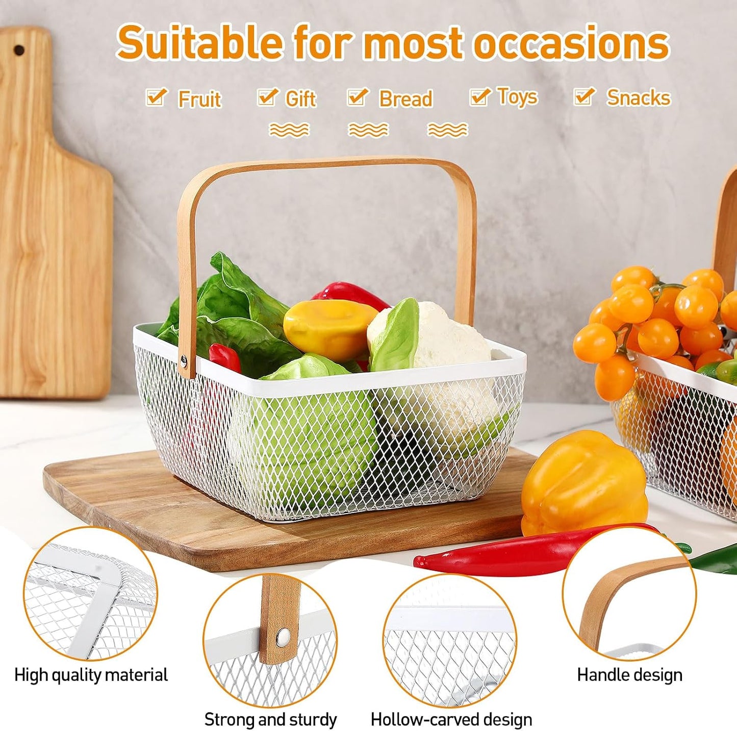 6 Pcs Metal Mesh Steel Basket with Handle Small Shopping Baskets Square Wire Harvest Storage for Kitchen Storage Garden Picnic Bathroom Organizing, 8.46 x 8.46 x 4.13 Inch(Black)