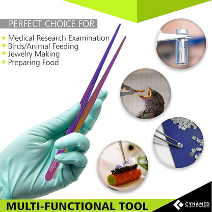 Cynamed 10” Kitchen Premium Tongs Tweezers Stainless Steel, Long with Precision Serrated Tips (Blue, Bayonet)