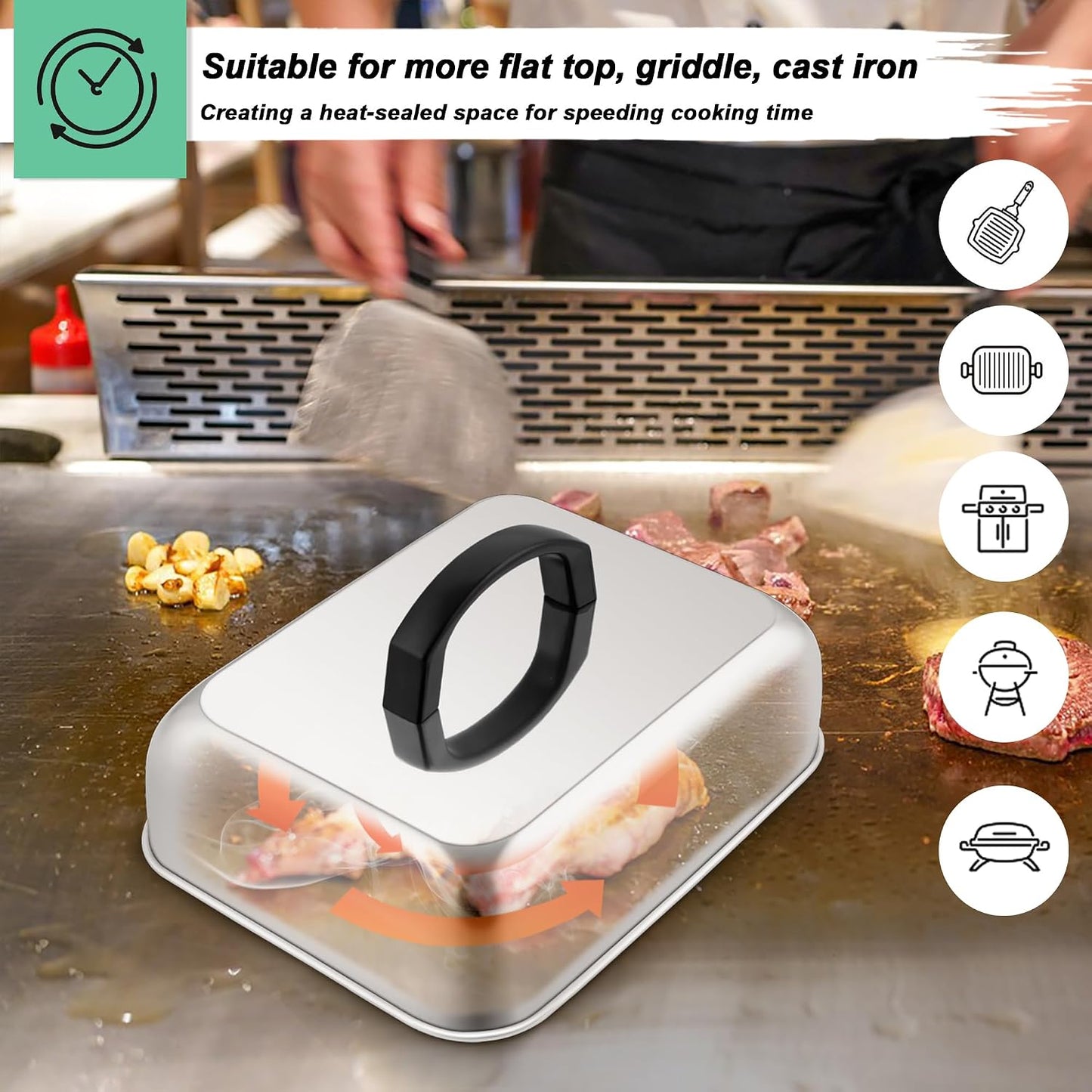 HaSteeL 9x7in Melting Dome & 8x4in Grill Press, Rectangular Basting Steaming Cover & Cast Iron Burger Bacon Press, Heavy Duty Griddle Tools Accessories for Flat Top Grilling Barbecue, Indoor & Outdoor