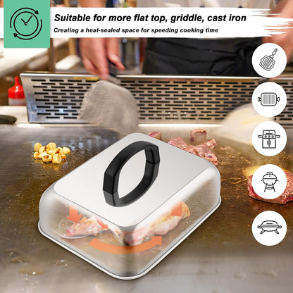 HaSteeL 9x7in Melting Dome & 8x4in Grill Press, Rectangular Basting Steaming Cover & Cast Iron Burger Bacon Press, Heavy Duty Griddle Tools Accessories for Flat Top Grilling Barbecue, Indoor & Outdoor
