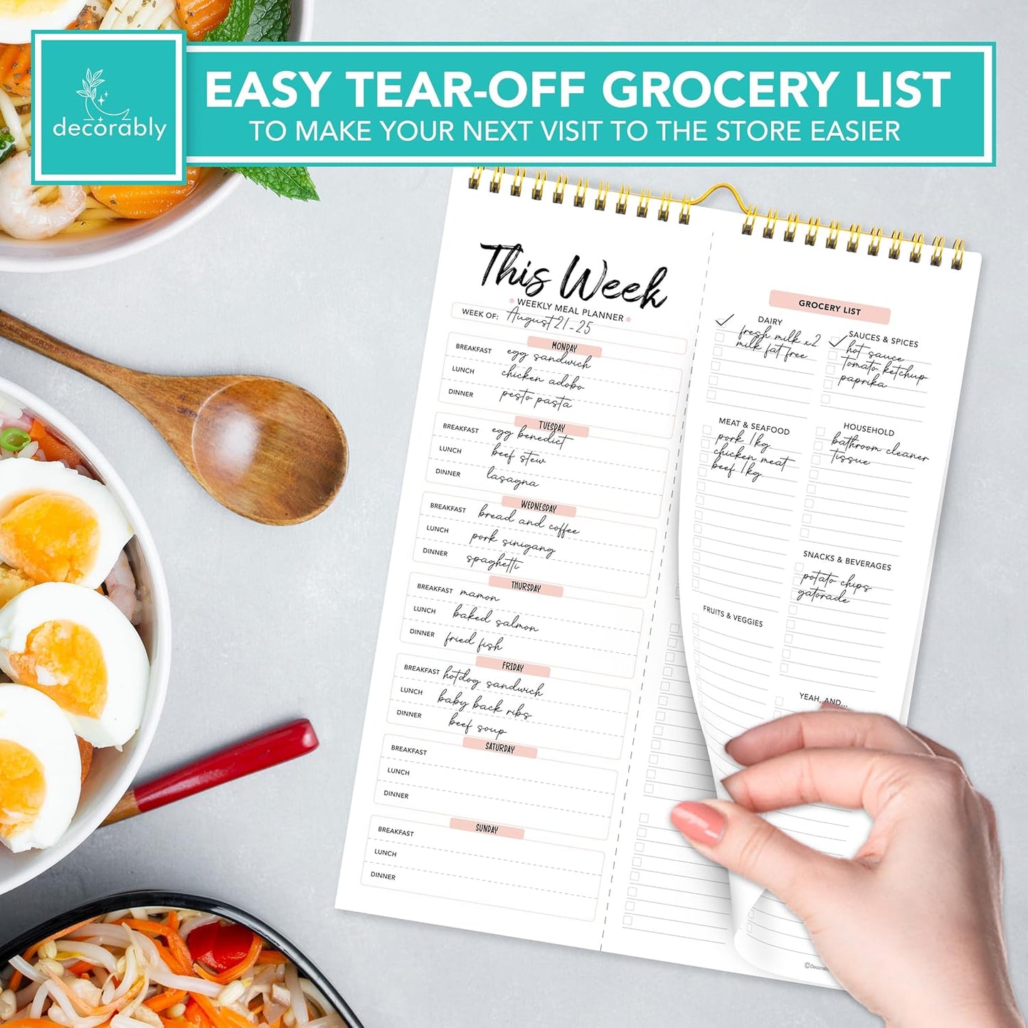 Decorably 52 Sheets Pastel Undated Magnetic Weekly Meal Planner and Grocery List Notepad with 4 Strong Magnets - 8.5x11in Spring-Bound, Refrigerator Mountable, Easy Tear-Off Design