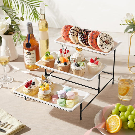 Lifewit 3 Tier Serving Tray, 30 x 17 cm/12 x 6.5" White Plastic Tiered Food Serving Platters, Tiered Tray Stand for Party with Black Collapsible Metal Stand, Dessert Display Stand for Cookies/Crackers