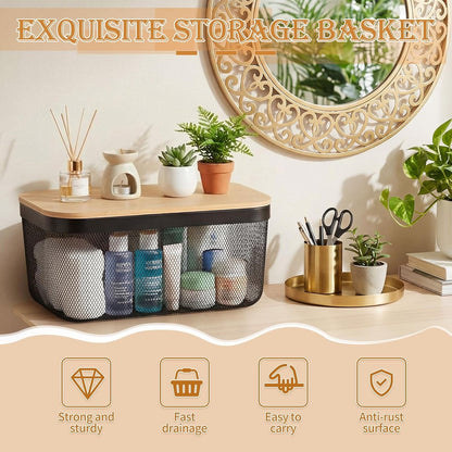Sawysine 4 Pcs Metal Mesh Steel Basket with Handles and Bamboo Lids 16 x 9.8 '' Stackable Black Wire Basket Pantry Organization and Storage for Cabinets Shelves Kitchen Harvest