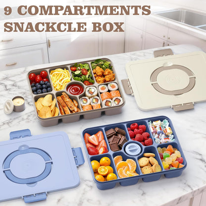Snackle Box Container, Divided Serving Tray with Lid and Handle, 9 Compartments Snack Box Container for Adults, Portable Charcuterie Serving Platter for Candy Fruit, 9.9 Cups, White Grey