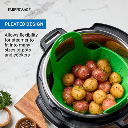 Farberware Silicone Steamer Basket with Interlocking Handles – Heat-Resistant 450F Food Safe Silicone Steamer Insert – High Walls Keep Food Above Water – Rolls Up for Compact Storage – Dishwasher Safe