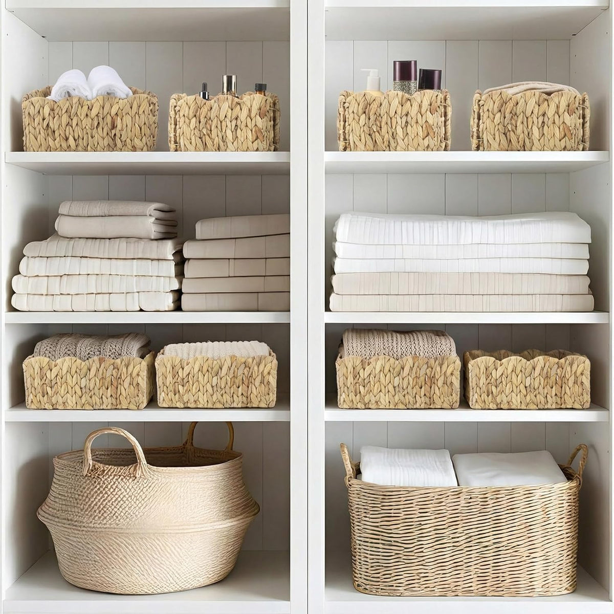 Potchen 6 Pcs 12 x 9 x 5 Inch Scalloped Water Hyacinth Storage Baskets, Rectangular Wicker Storage Baskets for Shelving, Natural Foldable Woven Pantry Organizer for Organizing