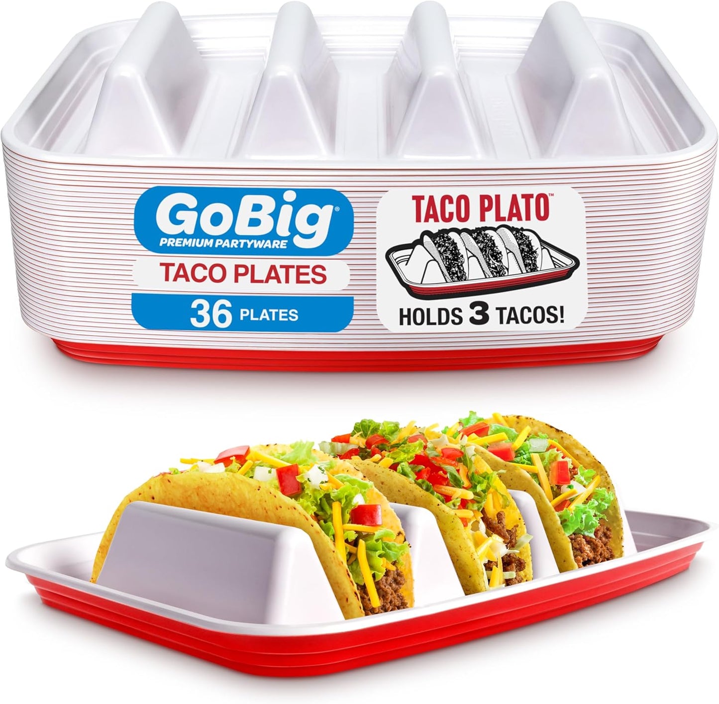 GoBig Taco Plates with Dividers – 36 Pack Disposable Red Party Cup Taco Plato Tray Holders for Party