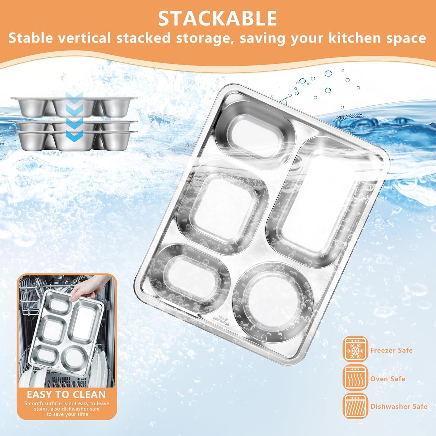 HaWare Toddler Stainless Steel Divided Plates Tray with 5-Compartment, Kids Adults Control Dinner Plates for Lunch Camping Dinner, Stackable Reusable Serving Platter, 2-Pack