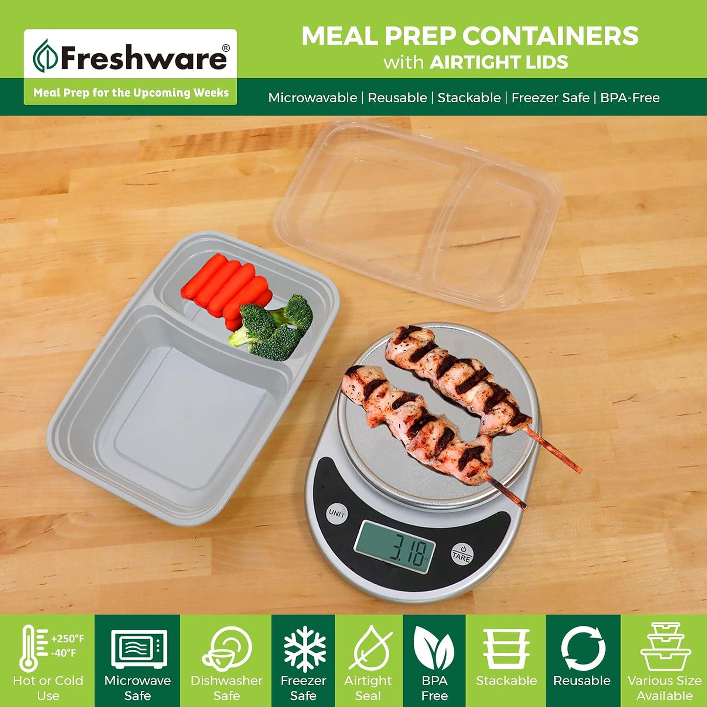 Freshware Meal Prep Containers [25 Pack] 2 Compartment with Lids, Food Storage Containers, Bento Box, BPA Free, Stackable, Microwave/Dishwasher/Freezer Safe (28 oz), Grey