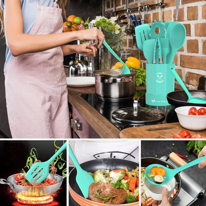 Silicone Kitchen Utensils Set, 16-Piece Silicone Cooking Utensils by Deedro, Heat Resistant Kitchen Tools Set with Holder, Nonstick Spatula Kitchen Gadgets for Cooking & Baking, Colorful