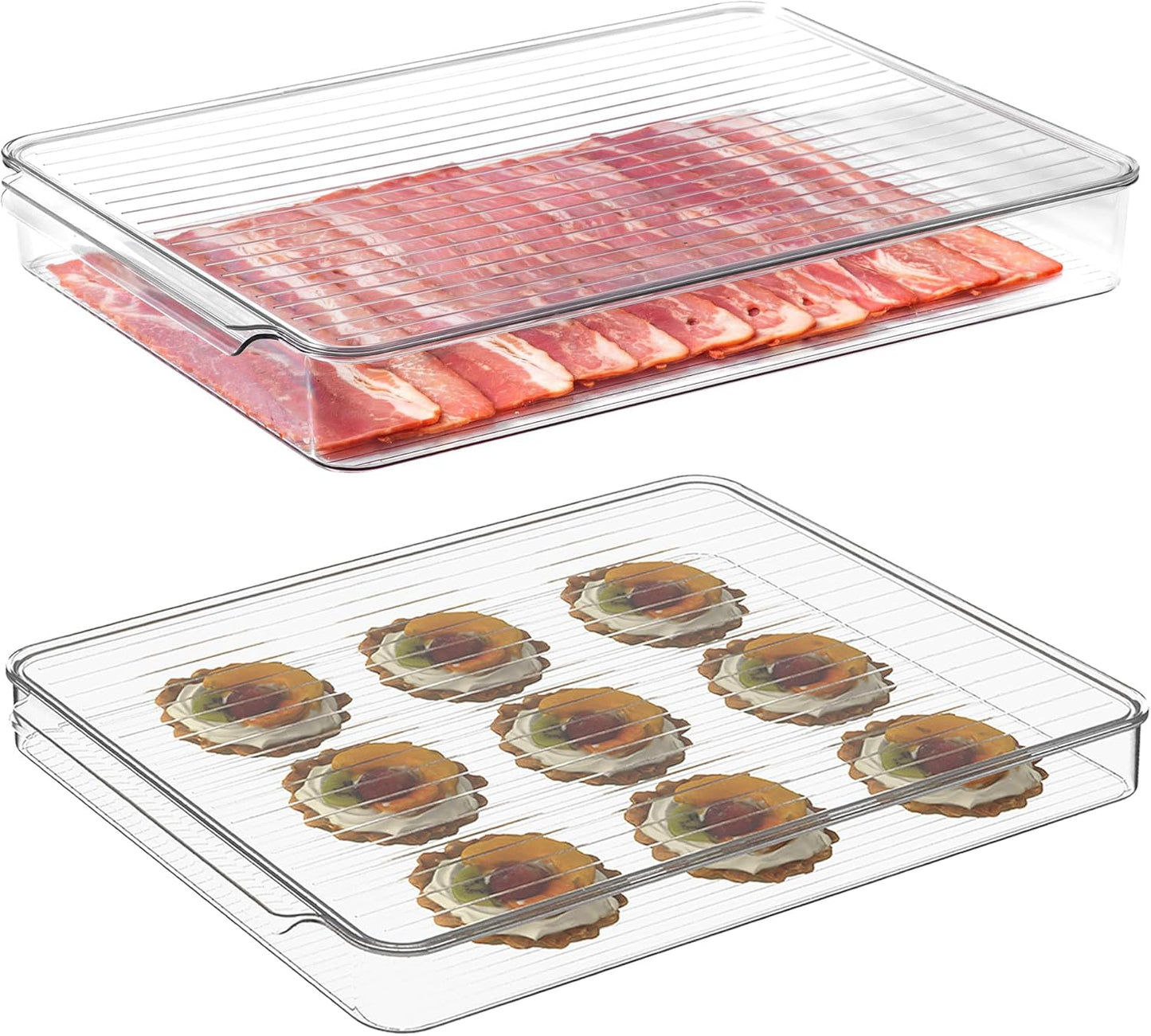 vacane 2 Pack Deli Meat Container for Fridge, Bacon Container with Lids for Refrigerator Fruit, Cold Cuts, Cheese Keeper Marinade Tray, Stackable Freezer Storage Containers