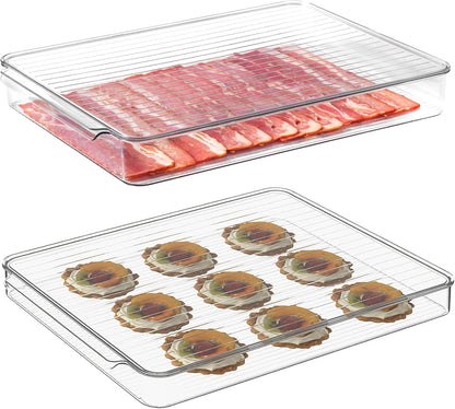 vacane 2 Pack Deli Meat Container for Fridge, Bacon Container with Lids for Refrigerator Fruit, Cold Cuts, Cheese Keeper Marinade Tray, Stackable Freezer Storage Containers