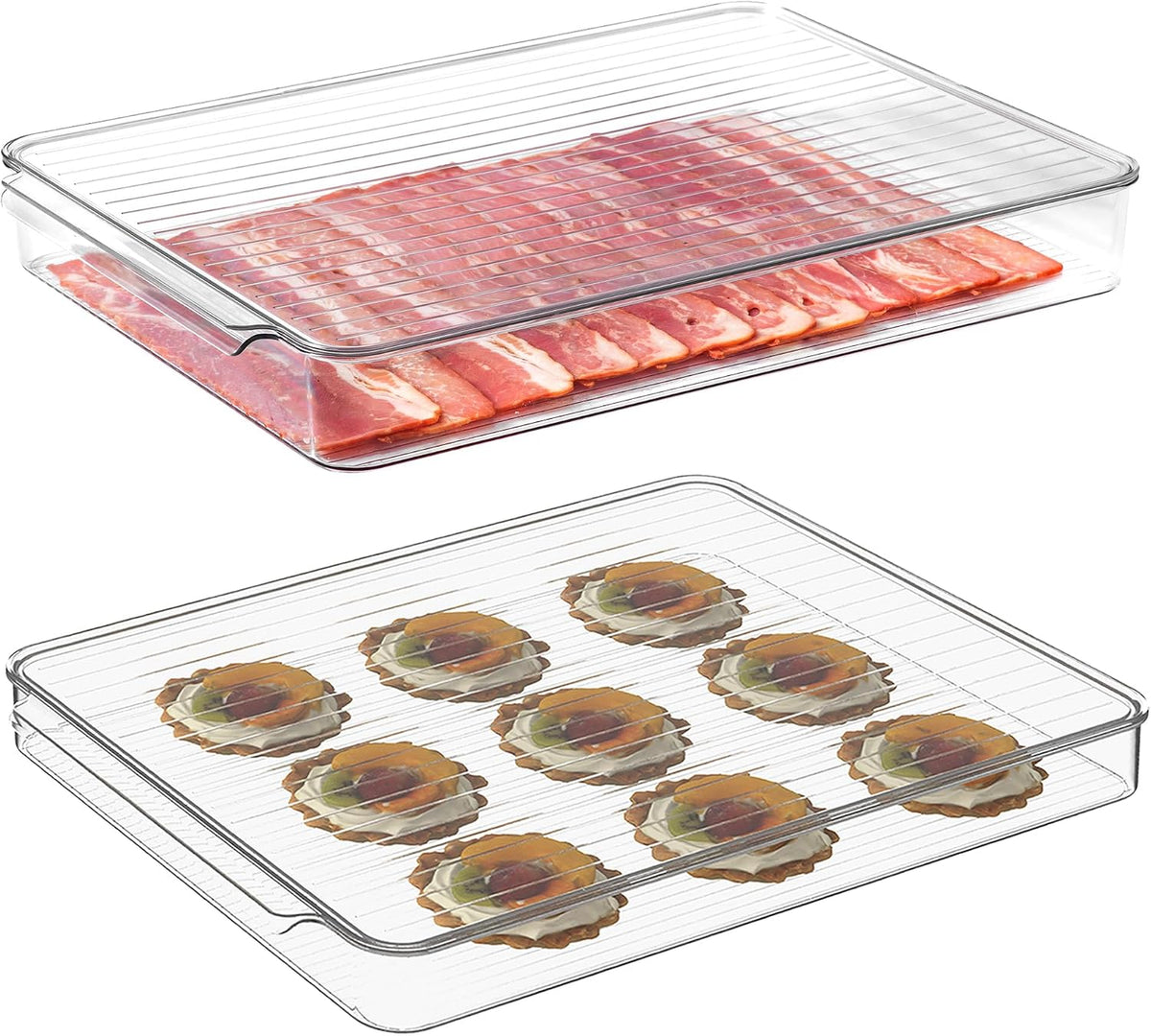 vacane 2 Pack Deli Meat Container for Fridge, Bacon Container with Lids for Refrigerator Fruit, Cold Cuts, Cheese Keeper Marinade Tray, Stackable Freezer Storage Containers