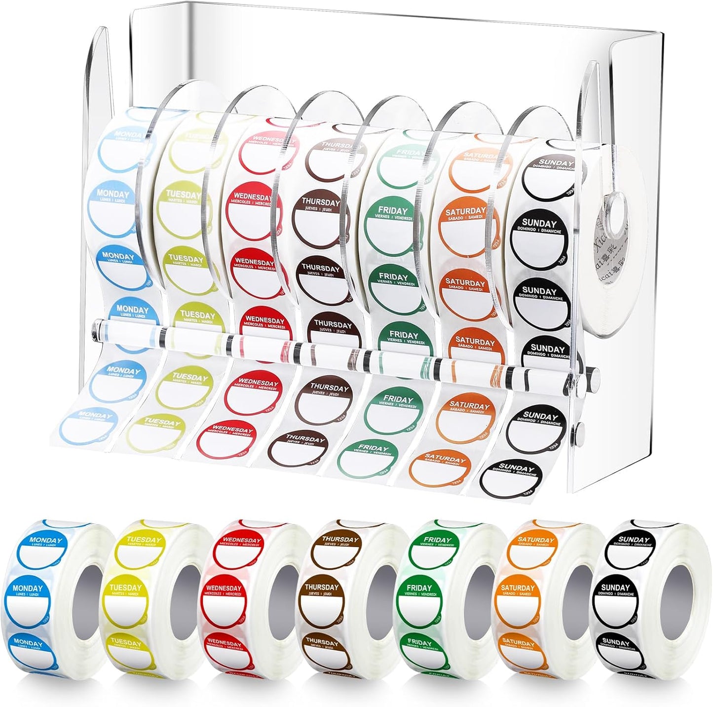 Resurhang 7000 Pcs Day of The Week Labels Food Labels with Adjustable Label Dispenser Monday Through Sunday Management Inventory Stickers Removable Weekly Self Adhesive Date Dot Stickers (Square)