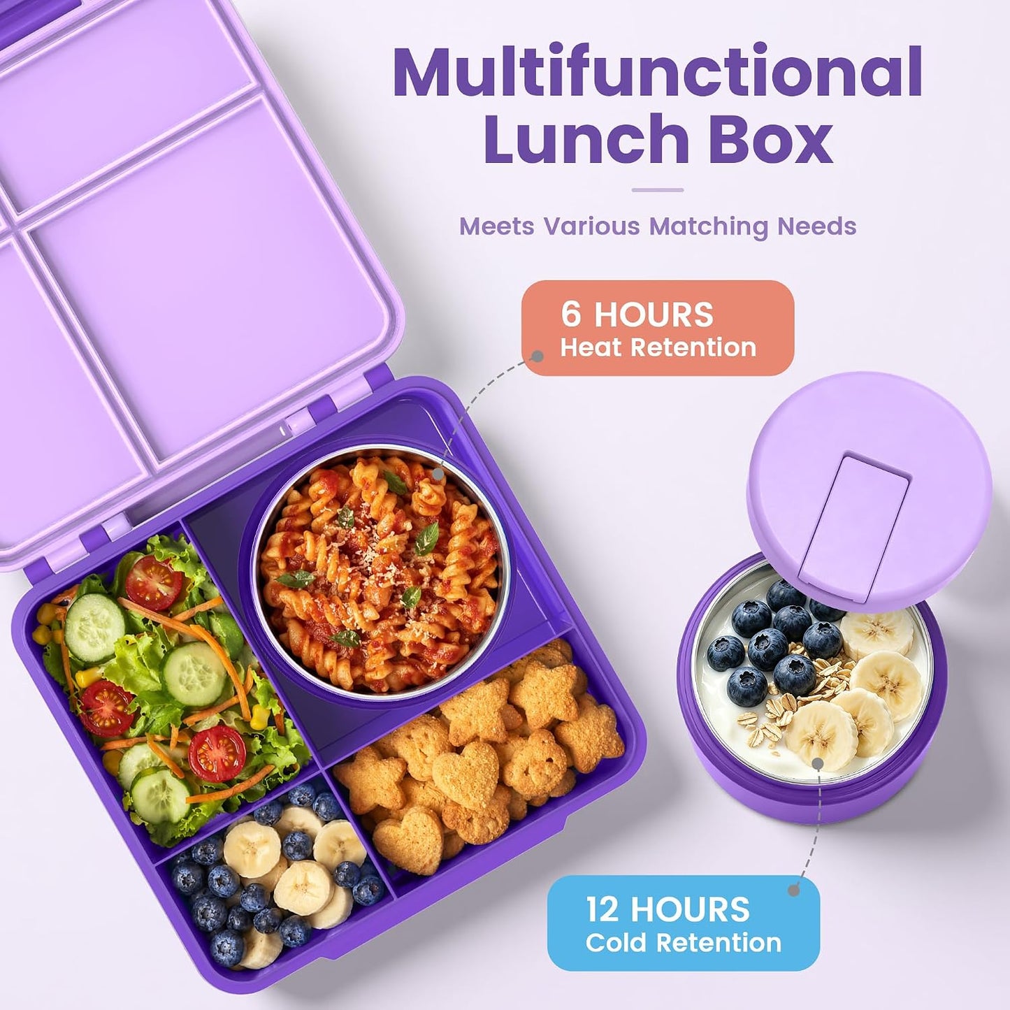 LOHASOK Bento Lunch Box Kids with 8oz Soup Thermo, Leak-Proof Lunch Containers with 4 Compartment, Thermo Hot Food Jar and Insulated Lunch Box for School Blue