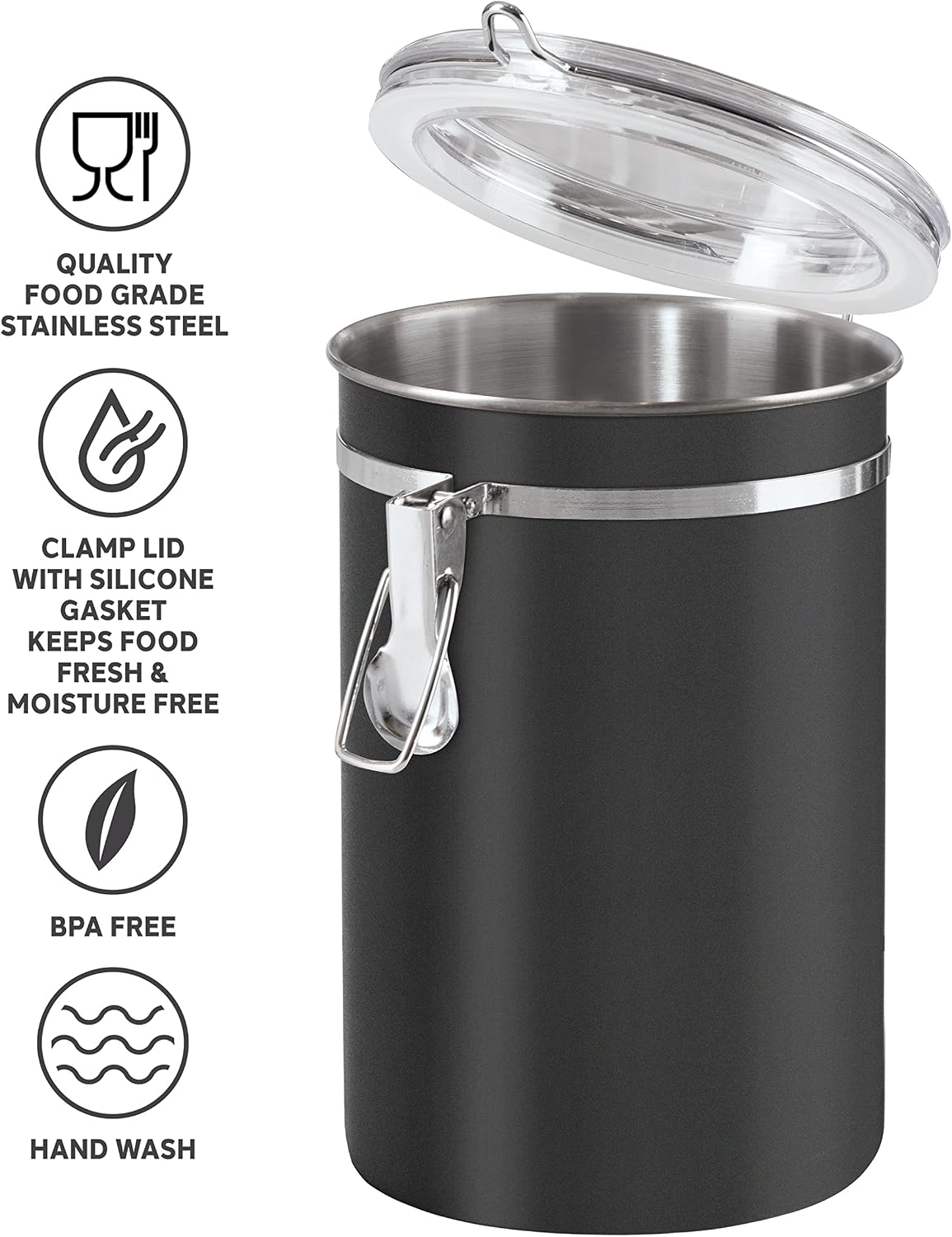 Oggi Stainless Steel Kitchen Canister 62 fl oz - Airtight Clamp Lid, Clear See-Thru Top - Ideal for Kitchen Storage, Food Storage, Pantry Storage. Large Size 5" x 7.5".