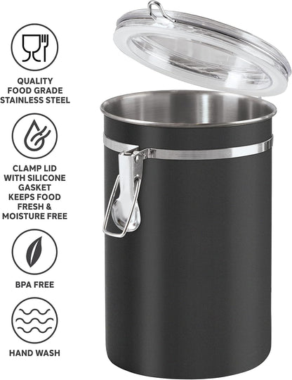 Oggi Stainless Steel Kitchen Canister 62 fl oz - Airtight Clamp Lid, Clear See-Thru Top - Ideal for Kitchen Storage, Food Storage, Pantry Storage. Large Size 5" x 7.5".