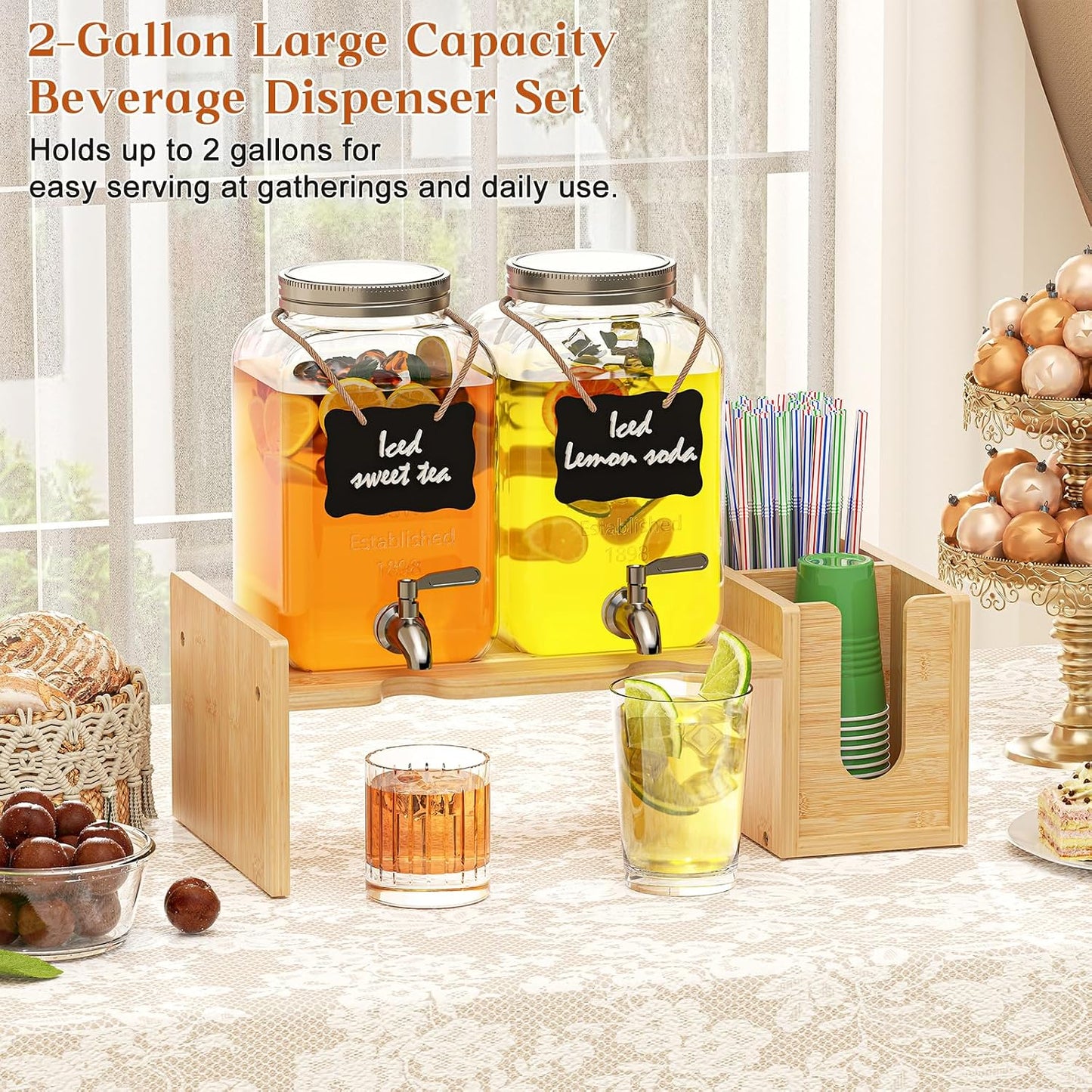 2-pack 1 Gallon Drink Dispenser,Glass Beverage Dispenser with Spigot,Lemonade dispenser Bamboo Stand for Outside, Glass Drink Dispensers for Parties with Ice Core