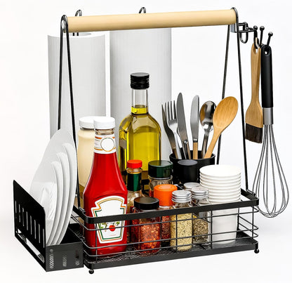 Grill Caddy with Plate Holder and 2Paper Towel Holder, Picnic BBQ Condiment Utensil Organizer Caddy for Outdoor Cooking, RV, Camping Essential, Camper Must Haves, Grilling Gifts for Men