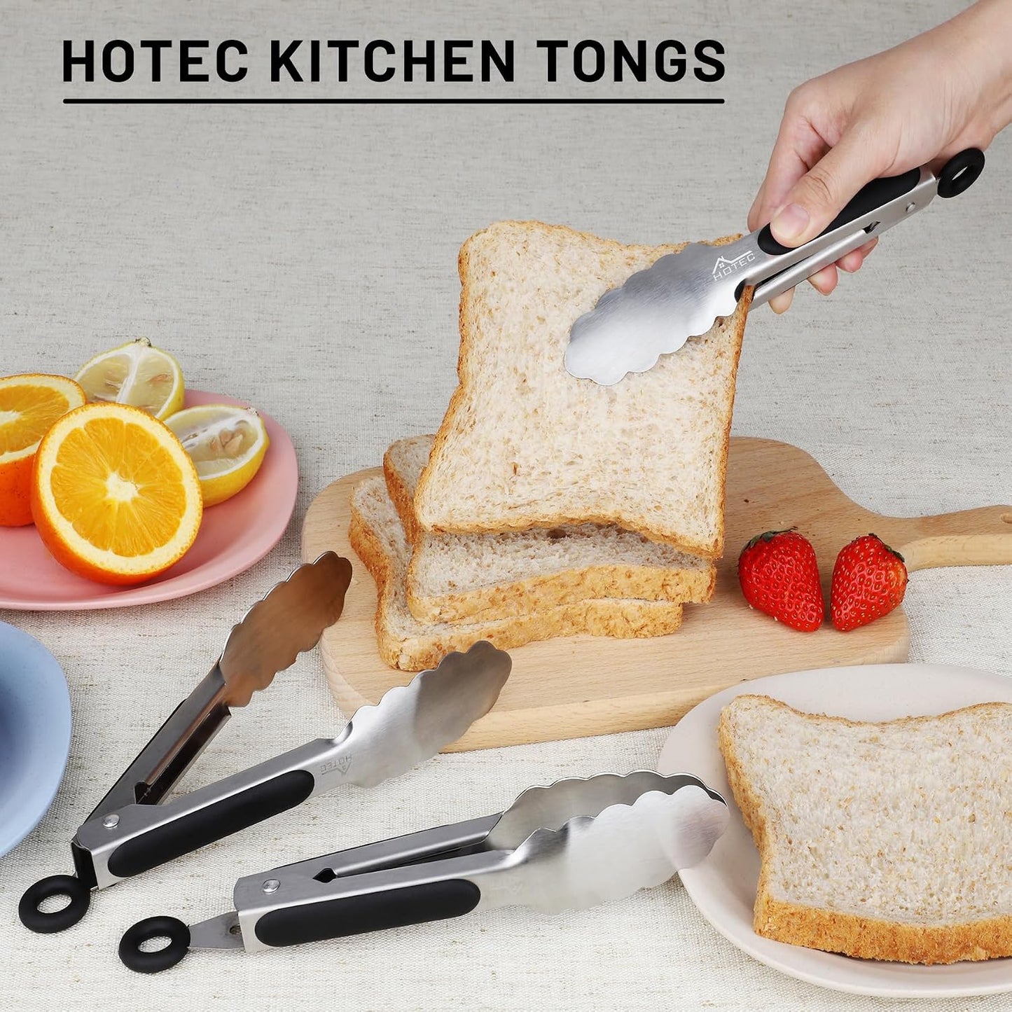 Hotec Stainless Steel Kitchen Tongs, Set of 3-7", 9" and 12", Locking Metal Food Tongs for Cooking, Serving, BBQ, Grill with Non-Slip Grip