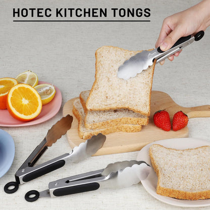 Hotec Stainless Steel Kitchen Tongs, Set of 3-7", 9" and 12", Locking Metal Food Tongs for Cooking, Serving, BBQ, Grill with Non-Slip Grip