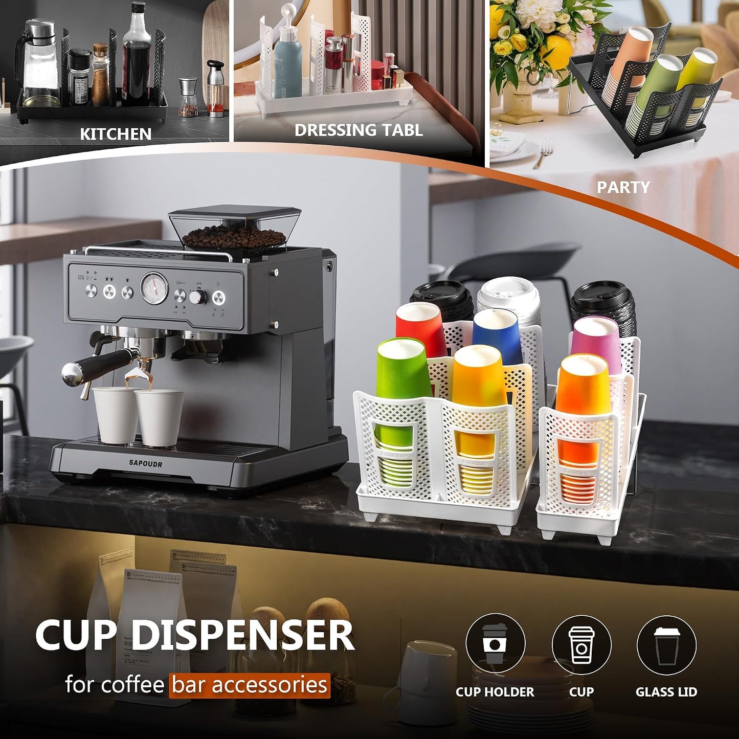 6-Slot Paper Cup and Lid Holder, Disposable Coffee Cup Dispenser, Upright Paper Cup Dispenser for Coffee Stations, Kitchens, Bars, Restaurants, Lounges (White)