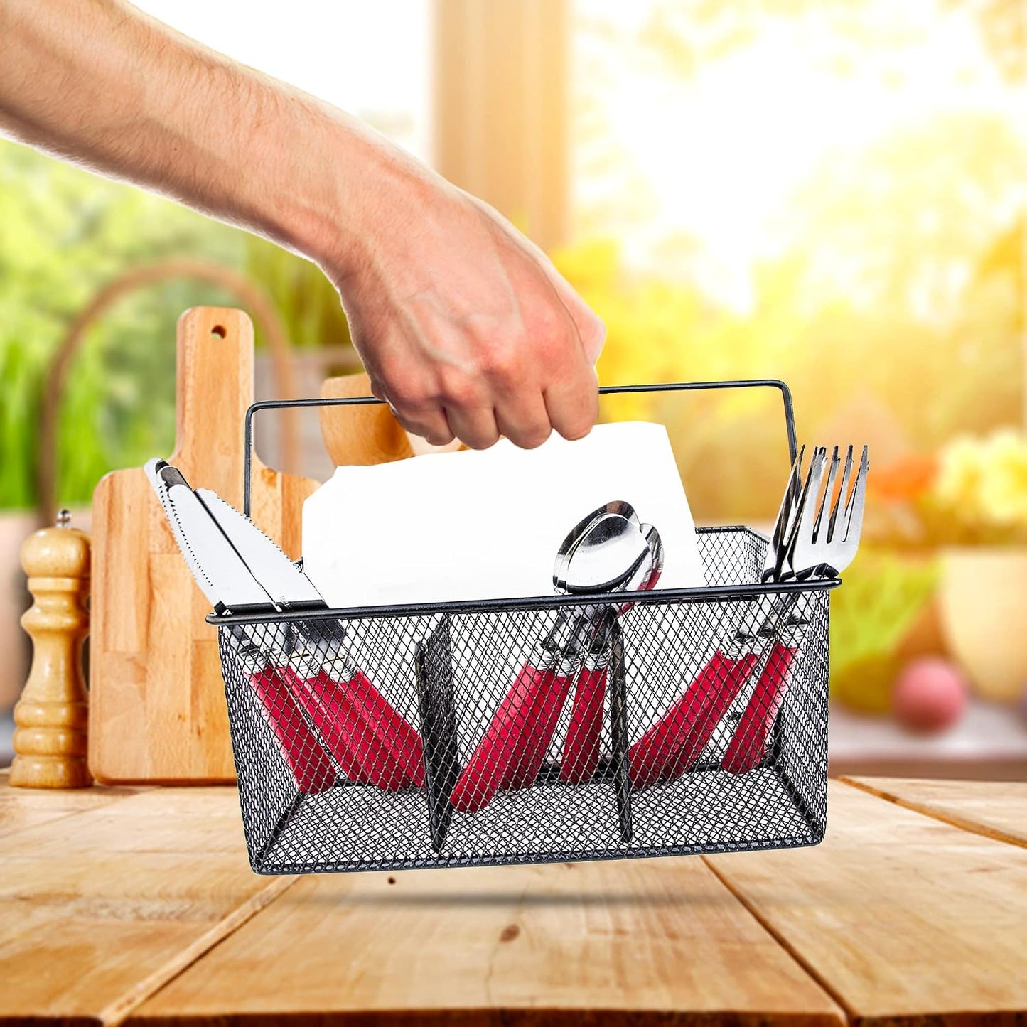 Utensil Caddy - Silverware Caddy for Parties, Spoon Holder, Buffet Organizer for Condiments, Napkin, Forks, Knives - Stainless Steel Flatware Caddy for Home, (Silver)