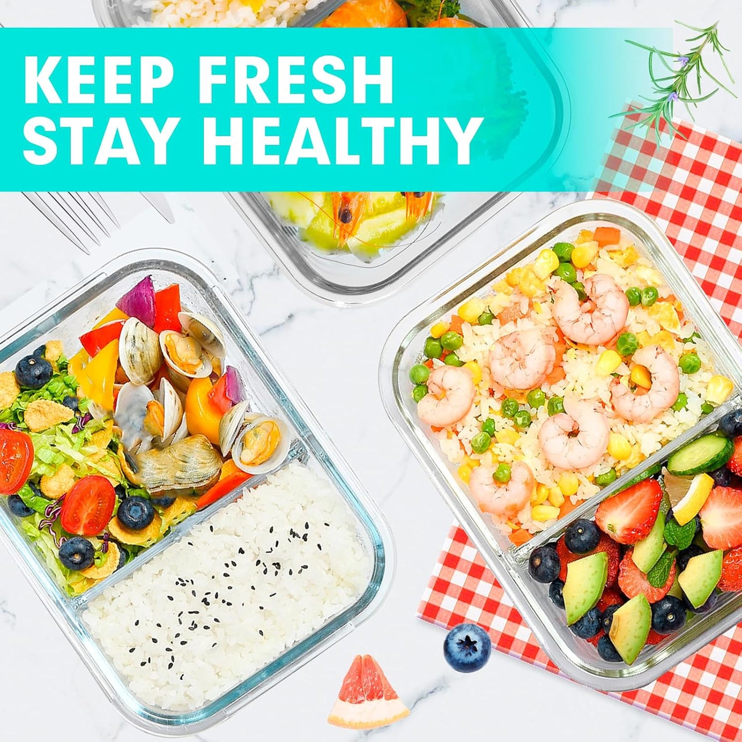 VERONES 5 Pack Glass Meal Prep Containers 2 Compartment Set, 36OZ Airtight Lunch Containers, Glass Food Storage Containers with Lids, for Microwave, Oven, Freezer & Dishwasher Friendly,White