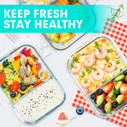 VERONES 5 Pack Glass Meal Prep Containers 2 Compartment Set, 36OZ Airtight Lunch Containers, Glass Food Storage Containers with Lids, for Microwave, Oven, Freezer & Dishwasher Friendly,White