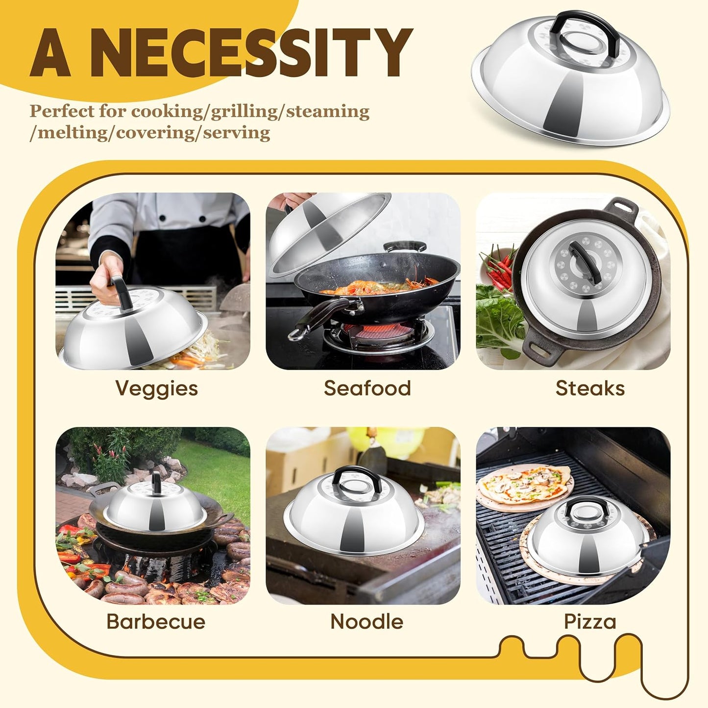 HaSteeL Cheese Melting Dome Set of 2, 12 Inch Round Basting Cover Metal Steam Cover, Stainless Steel Griddle Accessories for Flat Top Grill/Outdoor BBQ/Kitchen Cooking