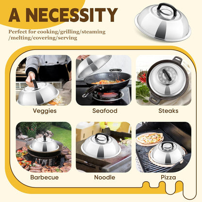 HaSteeL Cheese Melting Dome Set of 2, 12 Inch Round Basting Cover Metal Steam Cover, Stainless Steel Griddle Accessories for Flat Top Grill/Outdoor BBQ/Kitchen Cooking