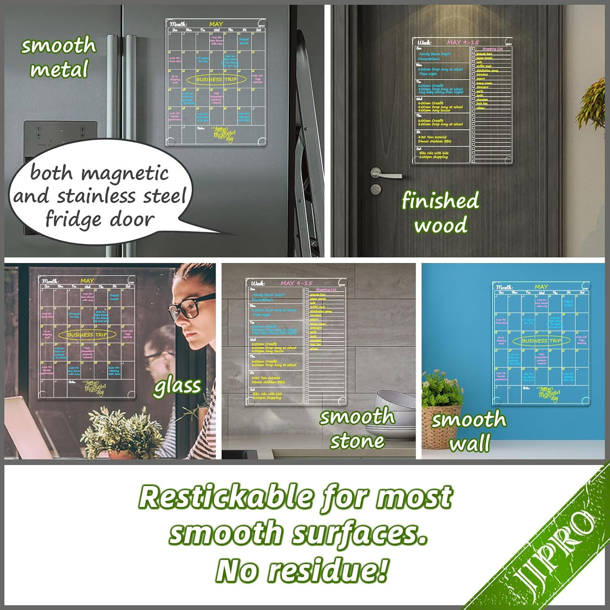 JJPRO Non-Magnetic Clear Weekly Planner & to Do List for Fridge, 8.5"x13" Dry Erase to Do List WhiteBoard,Reuasble Weekly Calendar for Refrigerator,Cabinet,Wall&Glass, All Smooth Surfaces