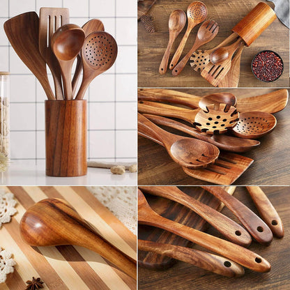 Wooden Spoons for Cooking, Natural Teak Wooden Kitchen Utensils Set Wooden Utensils for Cooking Wooden Cooking Utensils Wooden Spatulas for Cooking (10)