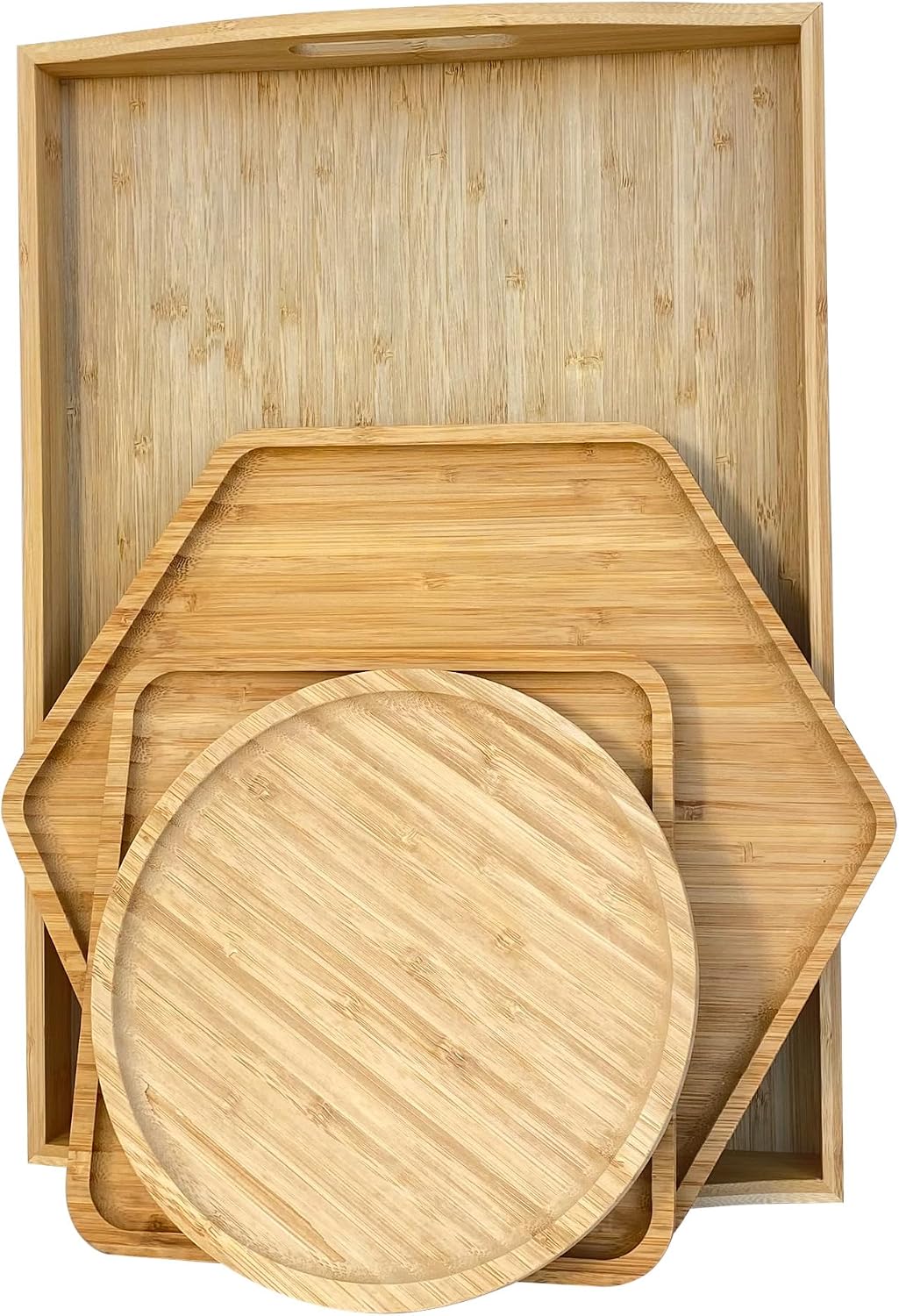 Bamboo Serving Trays Charcuterie Platter 16.5"x11.8"（42x30cm with Handle, Set Includes 1xHexagon 12.5"(32cm)+1xSquare 7.8"(20cm)+1xSquare 5.9"(15cm) Small Plates for Family Dinner