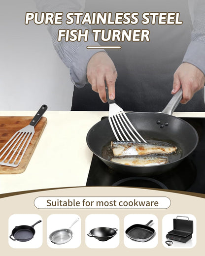 HaSteeL 2 Pack Stainless Steel Fish Spatula, Metal Slotted Turner Set, Griddle Grill Spatula for Kitchen Cooking, Flipping, Turning, Frying $ Grilling, Full Tang ABS Handle, DIshwasher Safe