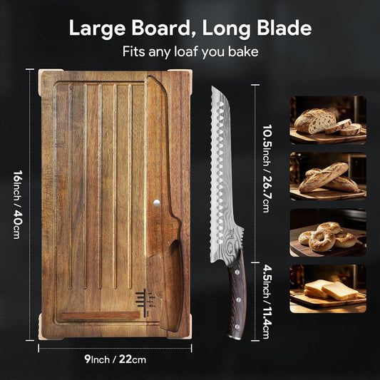 SYOKAMI Acacia Wood Bread Slicer with Bread Knife, Bread Board Bread Cutter